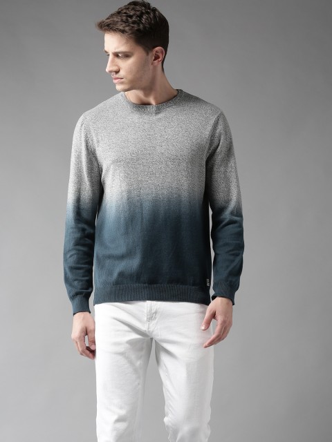 

Flying Machine Men Grey Melange & Teal Blue Ombre Dyed Pullover