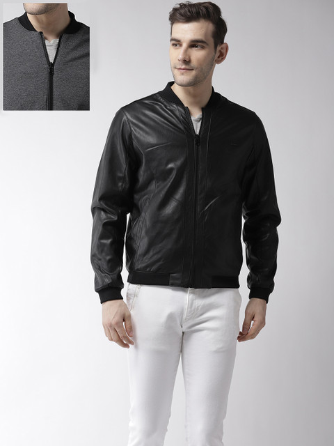 

Flying Machine Men Black & Charcoal Grey Solid Reversible Bomber Jacket