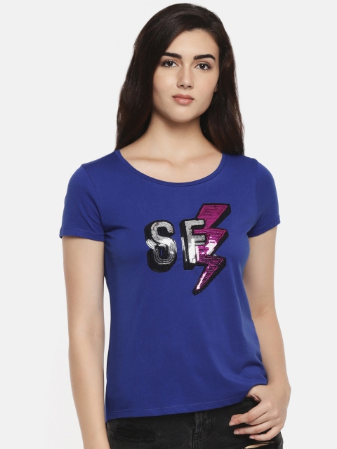 

SF JEANS by Pantaloons Women Blue Embellished Round Neck T-shirt