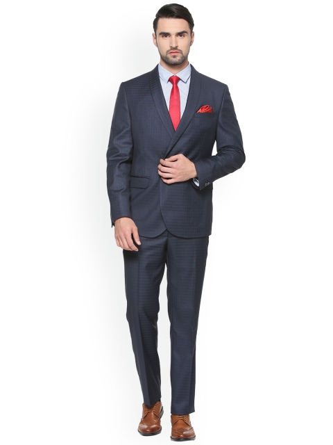 

V Dot Men Navy Blue Slim Fit Self-Checked Double-Breasted Formal Suit