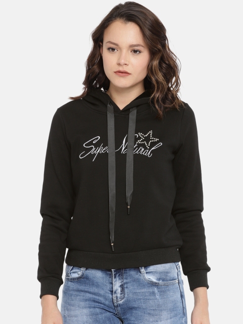 

Deal Jeans Women Black Printed Hooded Sweatshirt