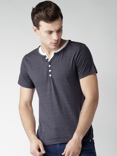 

Teesort Men Navy Blue Slim Fit Striped Henley Neck T-shirt