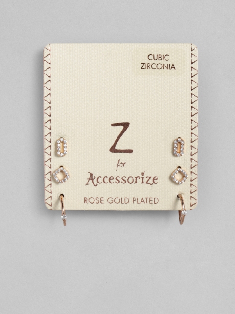 

Accessorize Set of 3 White Rose Gold-Plated Stone Studded Geometric Studs