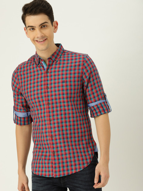 

United Colors of Benetton Men Orange & Sea Green Slim Fit Checked Casual Shirt