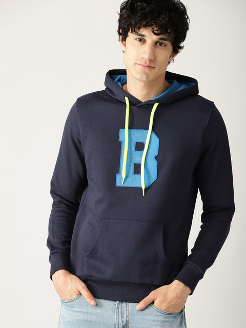

United Colors of Benetton Men Navy Blue Printed Detail Hooded Sweatshirt