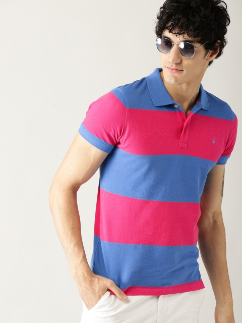 

United Colors of Benetton Men Blue & Pink Striped Polo Collar T-shirt