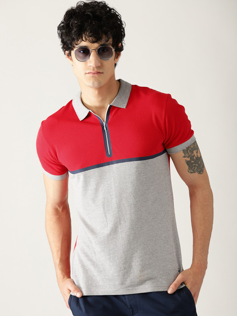 

United Colors of Benetton Men Red & Grey Melange Colourblocked Polo Collar T-shirt