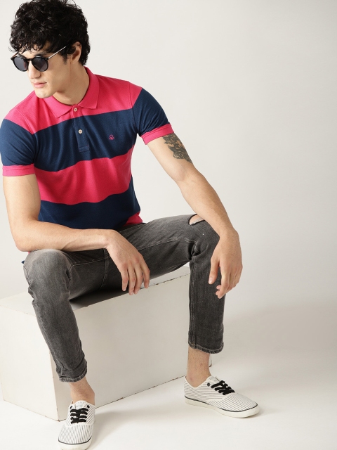 

United Colors of Benetton Men Pink & Navy Blue Striped Polo Collar T-shirt