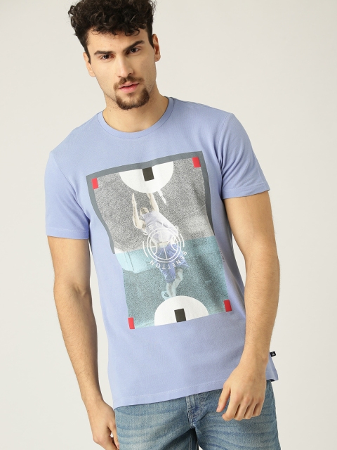 

United Colors of Benetton Men Blue & Grey Printed Round Neck T-shirt