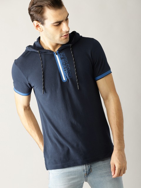 

United Colors of Benetton Men Navy Solid Hood T-shirt, Navy blue