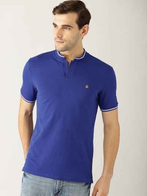 

United Colors of Benetton Men Blue Solid Stand Collar T-shirt