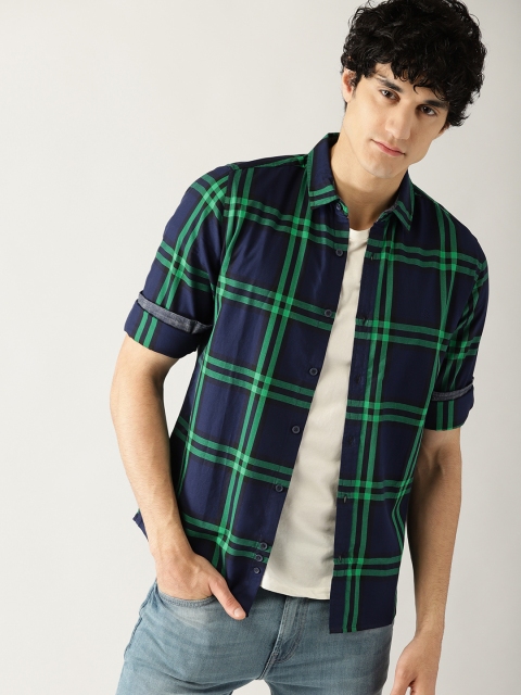 

United Colors of Benetton Men Navy Blue & Green Slim Fit Checked Casual Shirt