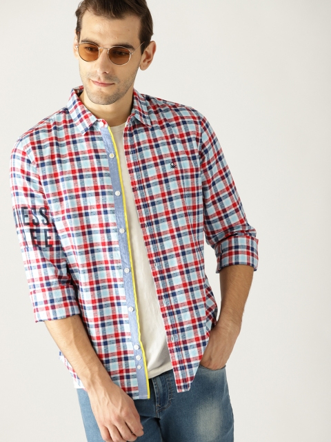 

United Colors of Benetton Men Red & Blue Slim Fit Checked Casual Shirt