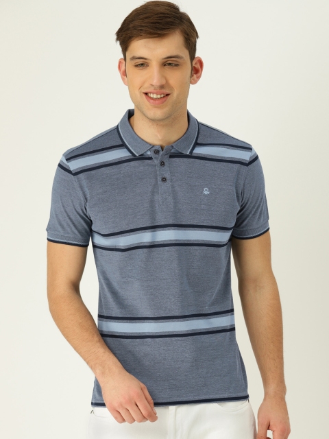 

United Colors of Benetton Men Blue Striped Polo Collar T-shirt