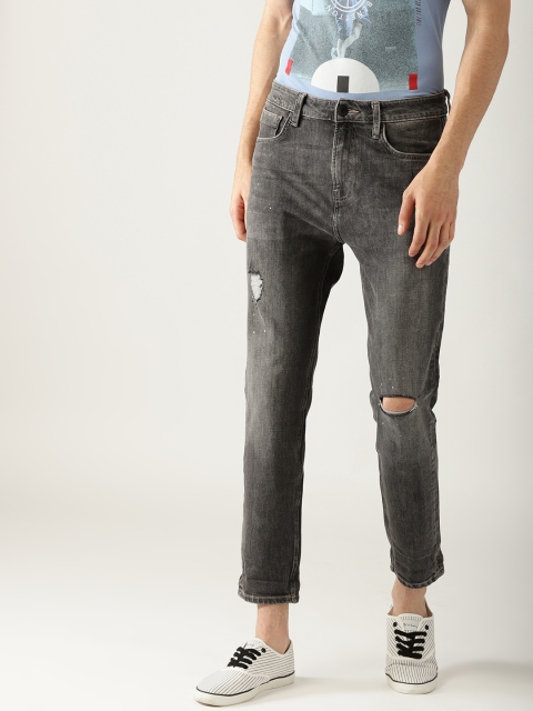 

United Colors of Benetton Men Charcoal Grey Low-Rise Low Distress Cropped Jeans