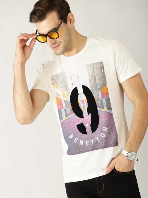 

United Colors of Benetton Men White Printed Round Neck T-shirt