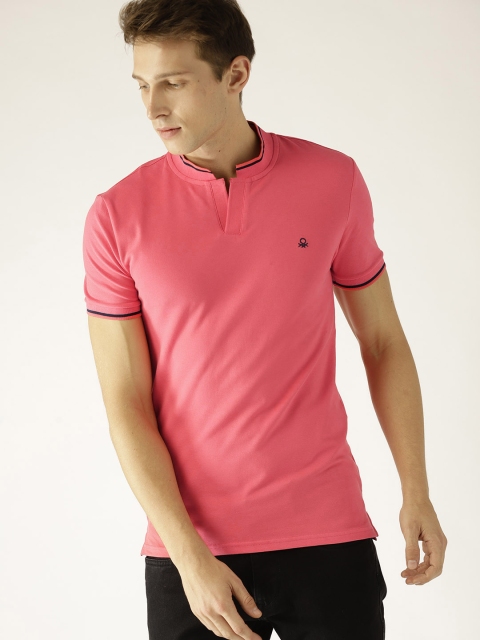 

United Colors of Benetton Men Pink Solid High Neck T-shirt