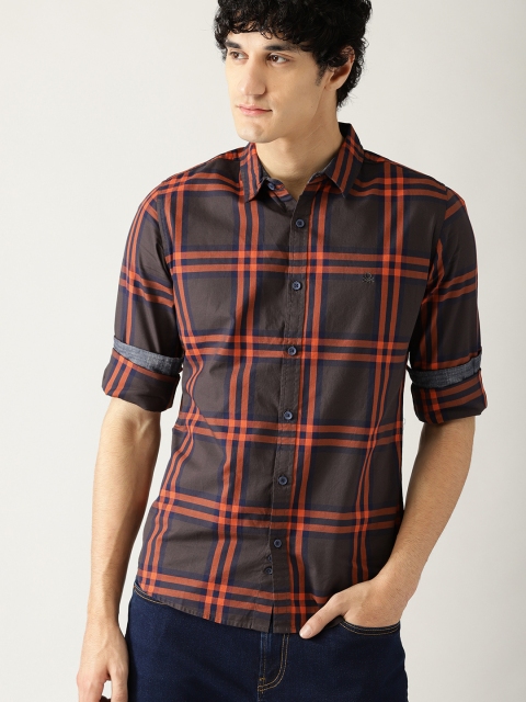 

United Colors of Benetton Men Taupe & Orange Slim Fit Checked Casual Shirt