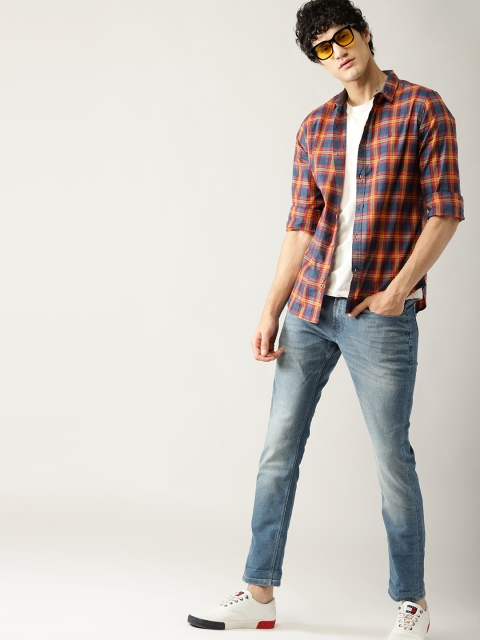 United Colors of Benetton Men Blue & Mustard Yellow Slim Fit Checked Casual Shirt