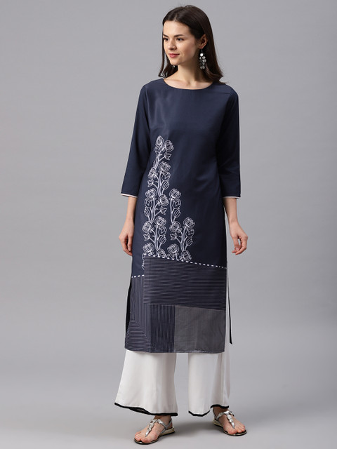 

AHIKA Women Navy Blue Printed Straight Kurta