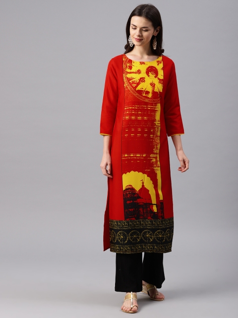 

AHIKA Women Red & Black Printed Straight Kurta