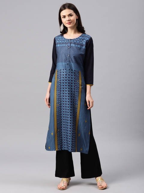 

AHIKA Women Blue Printed Straight Kurta