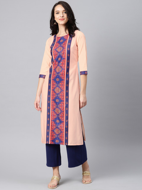 

AHIKA Women Peach-Coloured Printed Straight Kurta