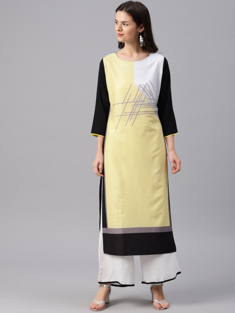 

AHIKA Women Yellow & Black Printed Straight Kurta
