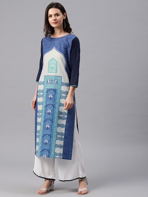 

AHIKA Women White & Blue Printed Straight Kurta