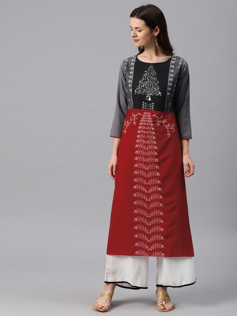 

AHIKA Women Red & Grey Printed Straight Kurta