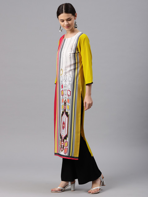 

AHIKA Women Yellow & Pink Printed Straight Kurta