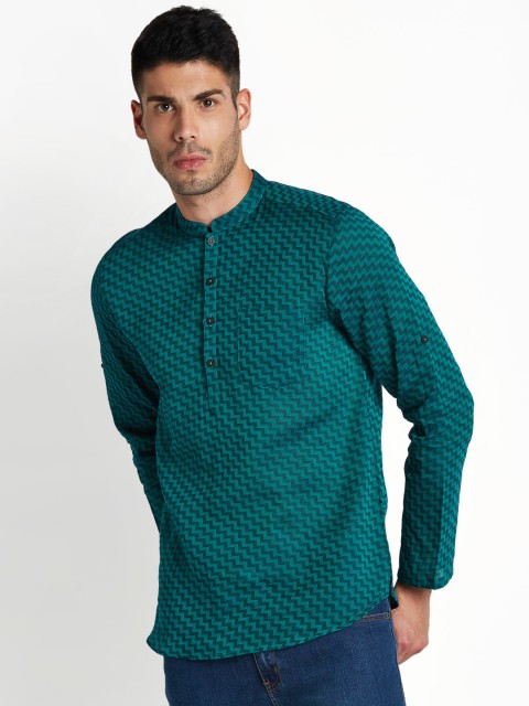 

indus route by Pantaloons Men Teal Woven Design Straight Kurta