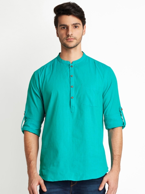 

indus route by Pantaloons Men Turquoise Blue Solid Straight Kurta