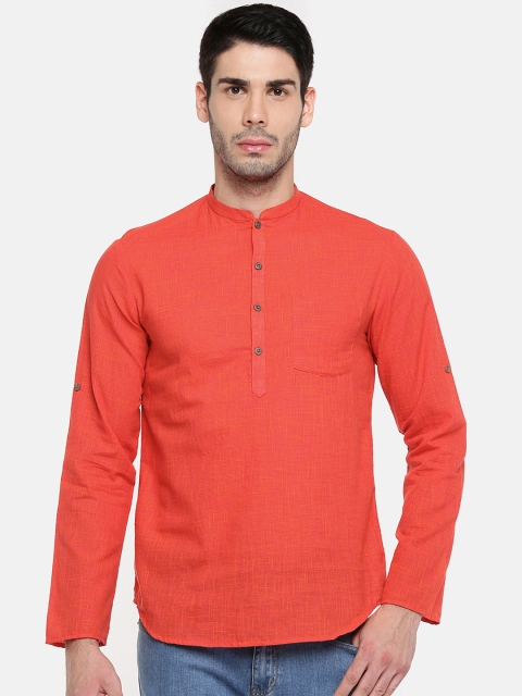 

indus route by Pantaloons Men Orange Woven Design Straight Kurta