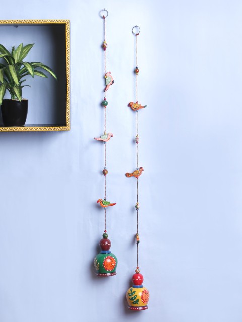 

VarEesha Set of 2 Hand Painted Round Wooden Bird Bells, Multi