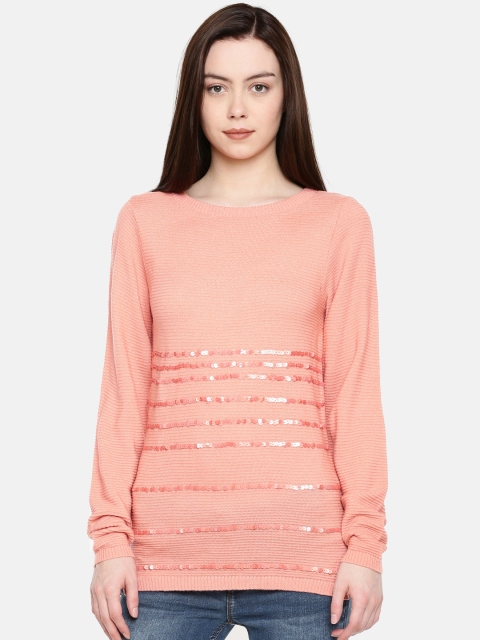 

Jealous 21 Women Peach-Coloured Self Design Embellished Pullover