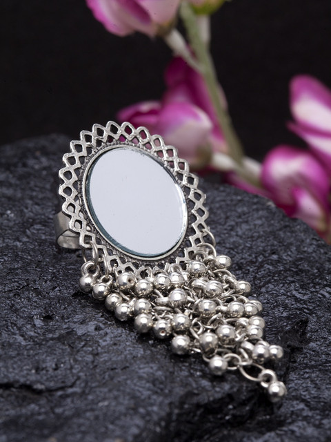 

Infuzze Women Oxidised Silver-Toned Mirror-Work Adjustable Ring