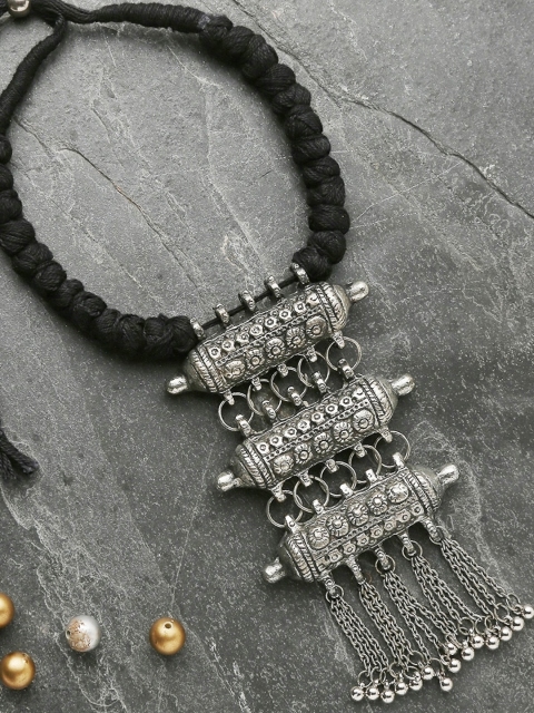 

Infuzze Oxidised Silver-Toned & Black Textured Tribal Necklace