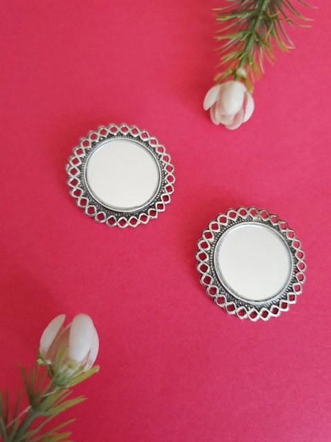 

Infuzze Oxidised Silver-Toned Circular Oversized Studs With Mirror Work