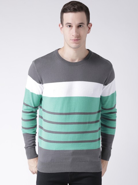 

Club York Men Grey & Blue Striped Pullover
