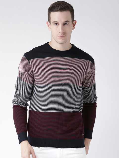 

Club York Men Navy Blue & Maroon Striped Pullover