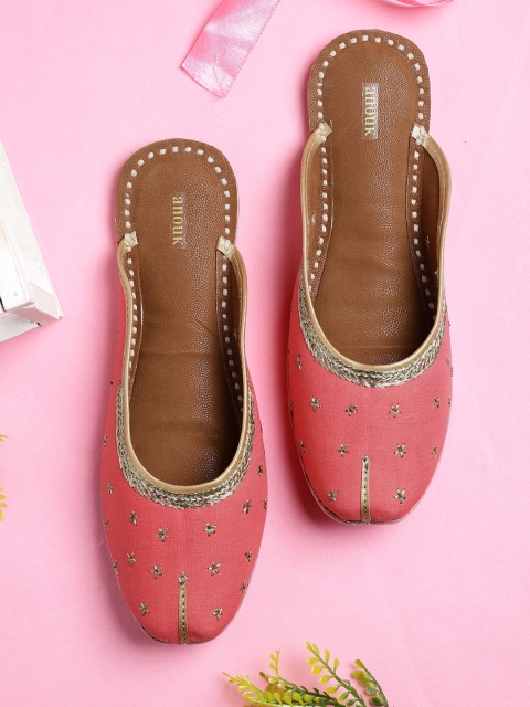 

Anouk Women Coral Pink & Gold-Toned Embroidered Mojaris