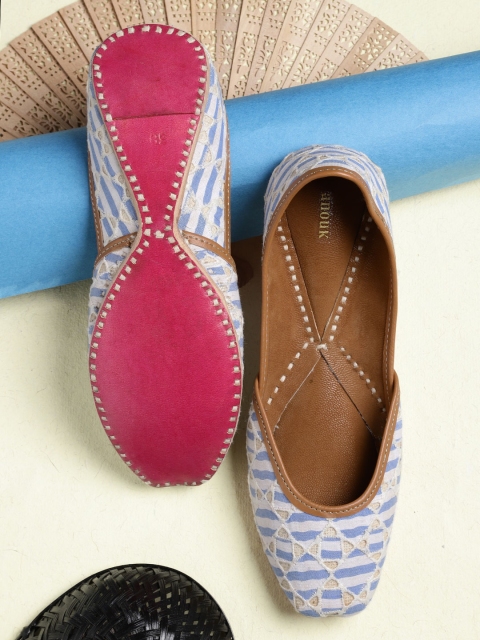 

Anouk Women Blue & Off-White Striped Mojaris with Schiffli Embroidery
