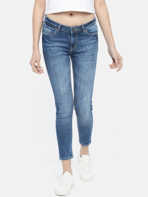 

People Women Blue Skinny Fit Mid-Rise Low Distress Stretchable Jeans
