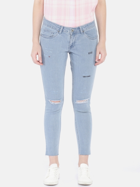 

People Women Blue Skinny Fit Mid-Rise Mildly Distressed Stretchable Jeans