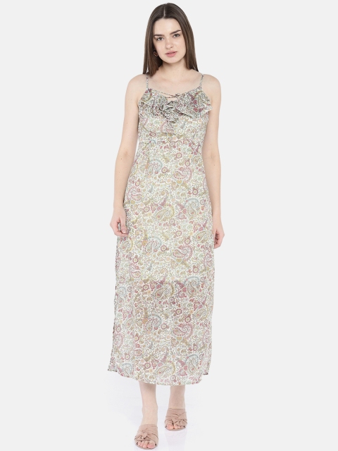 

People Women Cream-Coloured & Pink Printed A-Line Midi Dress