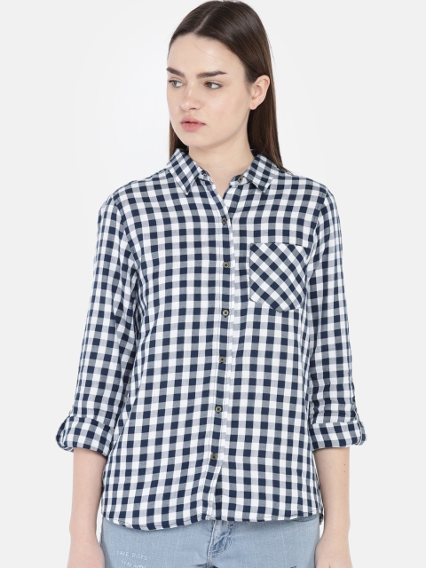 

People Women Navy Blue & White Regular Fit Checked Casual Shirt