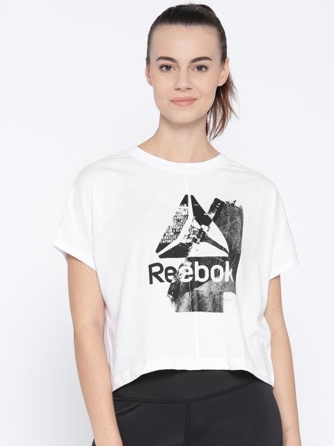 

Reebok Women White Elevated Elements Graphic Print Crop Training T-shirt