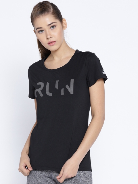 

Reebok Women Black Elevated Printed Round Neck Running T-shirt