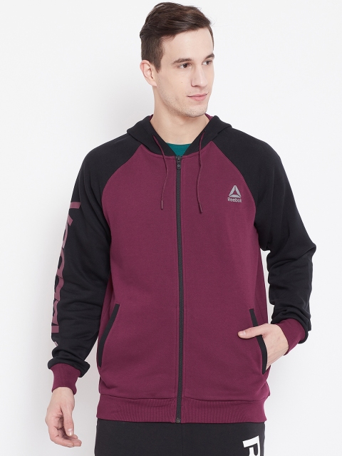 

Reebok Men Burgundy & Black Solid Hooded Sweatshirt